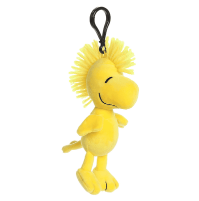 Small yellow Woodstock plush clip-on keychain with embroidered features from the Peanuts collection by Aurora.