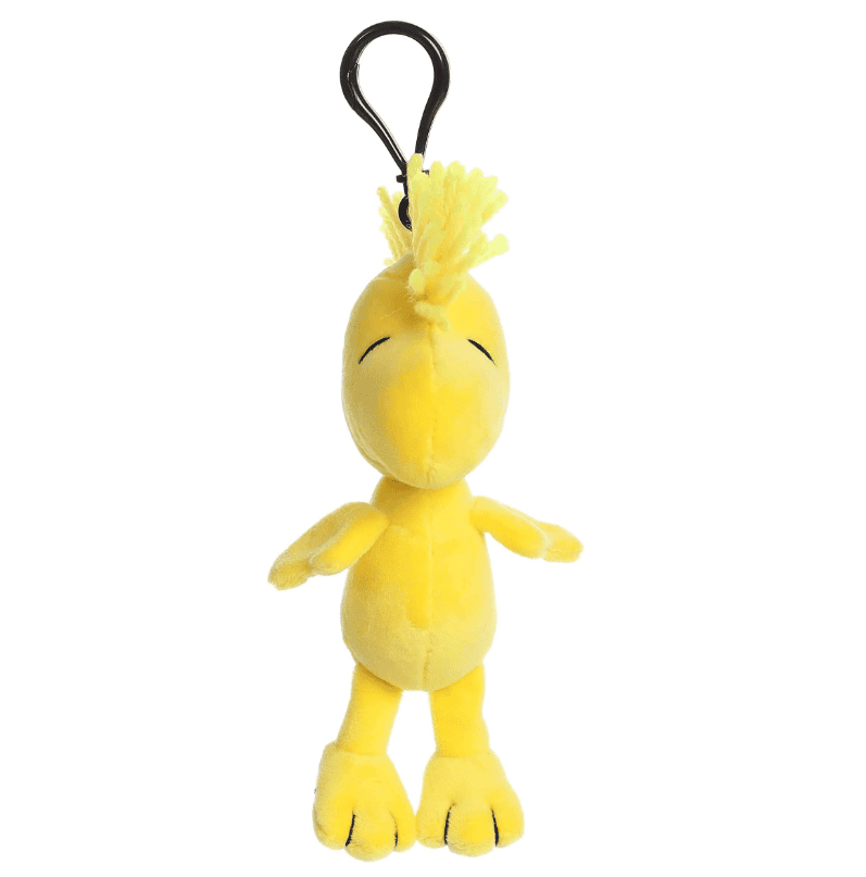 Small yellow Woodstock plush clip-on keychain with embroidered features from the Peanuts collection by Aurora.