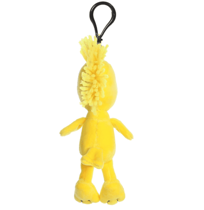 Small yellow Woodstock plush clip-on keychain with embroidered features from the Peanuts collection by Aurora.