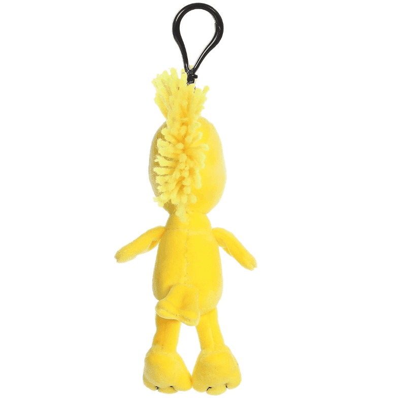 Small yellow Woodstock plush clip-on keychain with embroidered features from the Peanuts collection by Aurora.