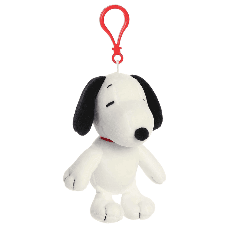 Small white Snoopy plush keychain with red clip, featuring classic Peanuts design and soft fabric by Aurora.