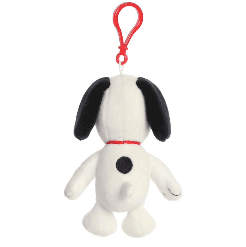 Small white Snoopy plush keychain with red clip, featuring classic Peanuts design and soft fabric by Aurora.