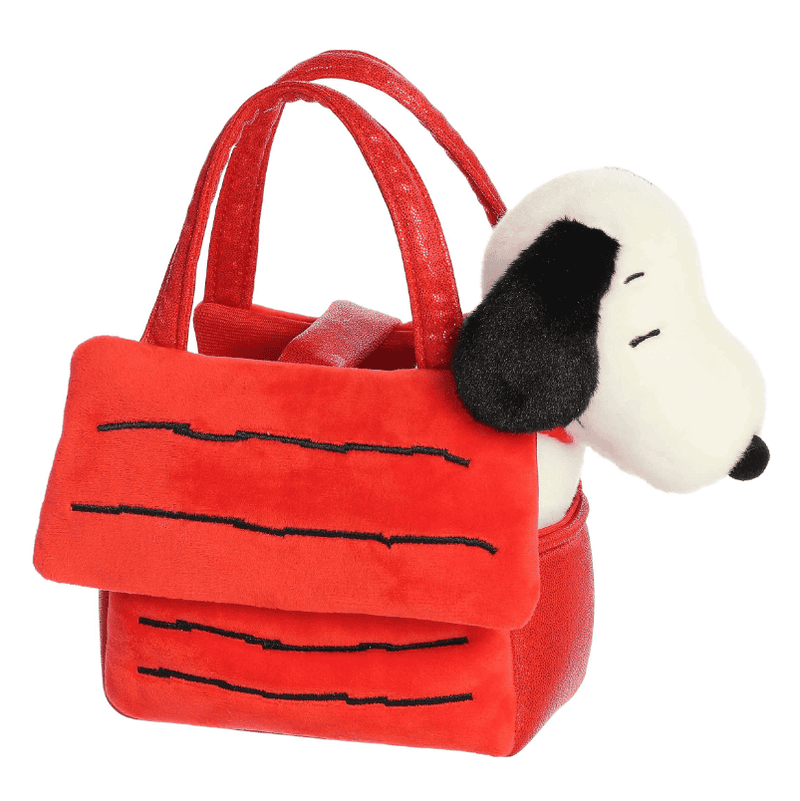 Snoopy plush inside red doghouse carrier, soft and portable Fancy Pals Peanuts toy by Aurora.