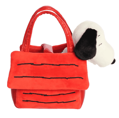Snoopy plush inside red doghouse carrier, soft and portable Fancy Pals Peanuts toy by Aurora.