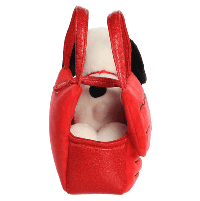 Snoopy plush inside red doghouse carrier, soft and portable Fancy Pals Peanuts toy by Aurora.