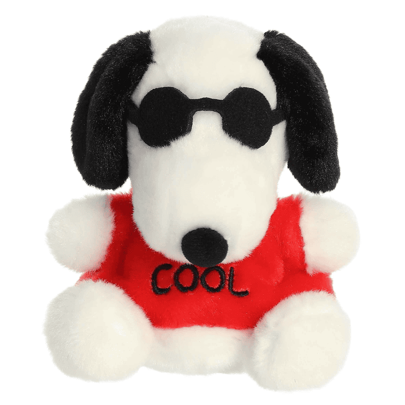 Joe Cool Palm Pal plush by Aurora featuring Snoopy in sunglasses, a pocket-sized collectible Peanuts character plush.