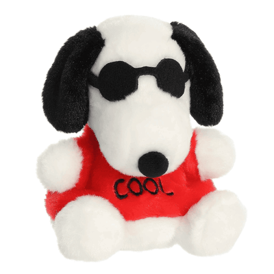 Joe Cool Palm Pal plush by Aurora featuring Snoopy in sunglasses, a pocket-sized collectible Peanuts character plush.