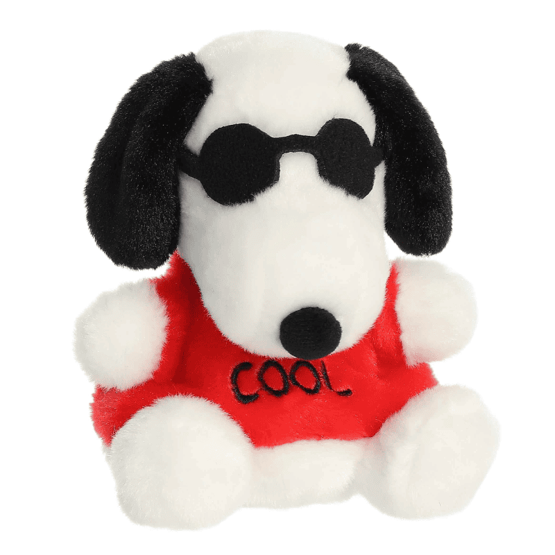 Joe Cool Palm Pal plush by Aurora featuring Snoopy in sunglasses, a pocket-sized collectible Peanuts character plush.
