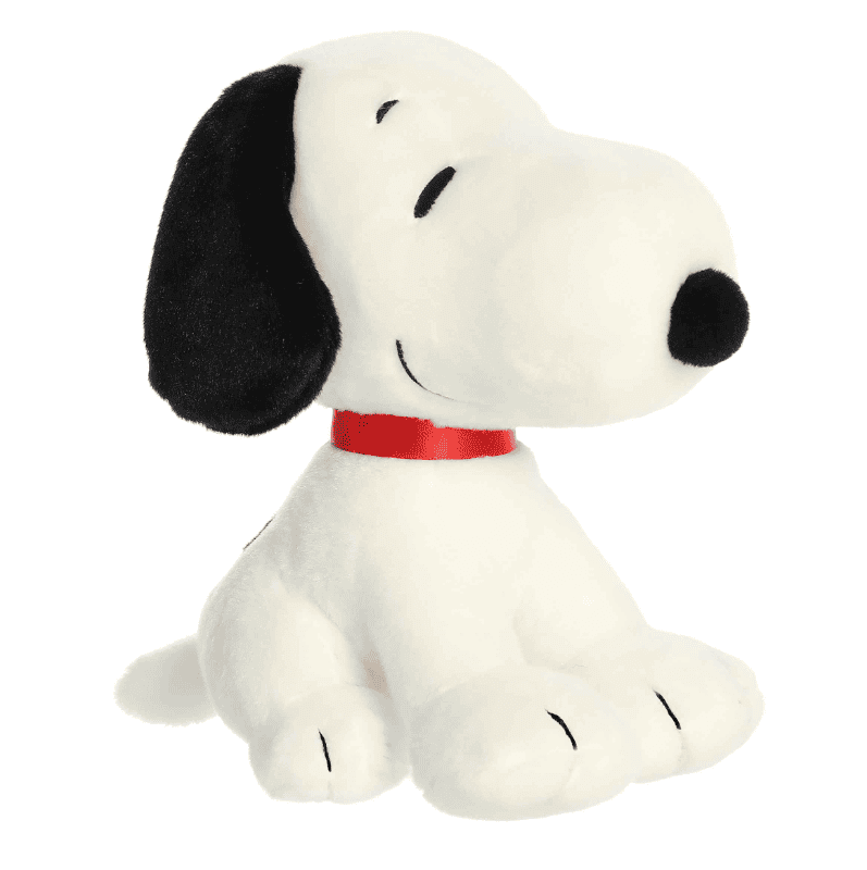 9-inch Seated Snoopy plush by Aurora featuring classic white fur, black ears, and red collar in a soft, huggable sitting pose.