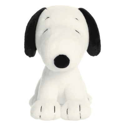 9-inch Seated Snoopy plush by Aurora featuring classic white fur, black ears, and red collar in a soft, huggable sitting pose.