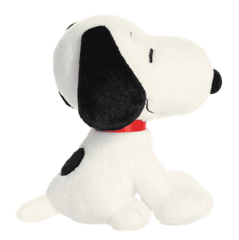 9-inch Seated Snoopy plush by Aurora featuring classic white fur, black ears, and red collar in a soft, huggable sitting pose.