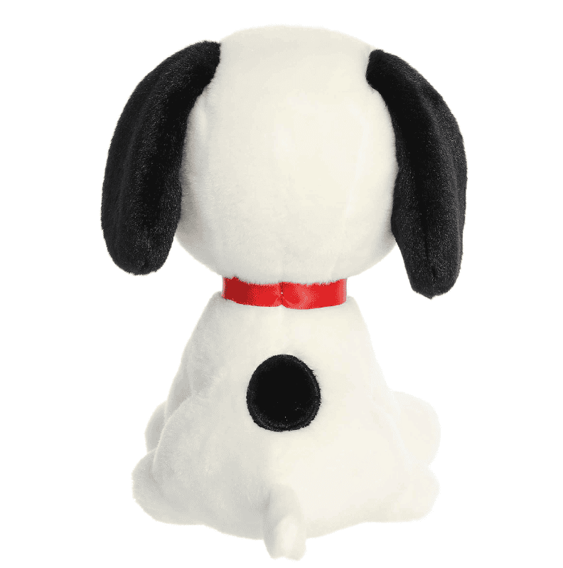9-inch Seated Snoopy plush by Aurora featuring classic white fur, black ears, and red collar in a soft, huggable sitting pose.