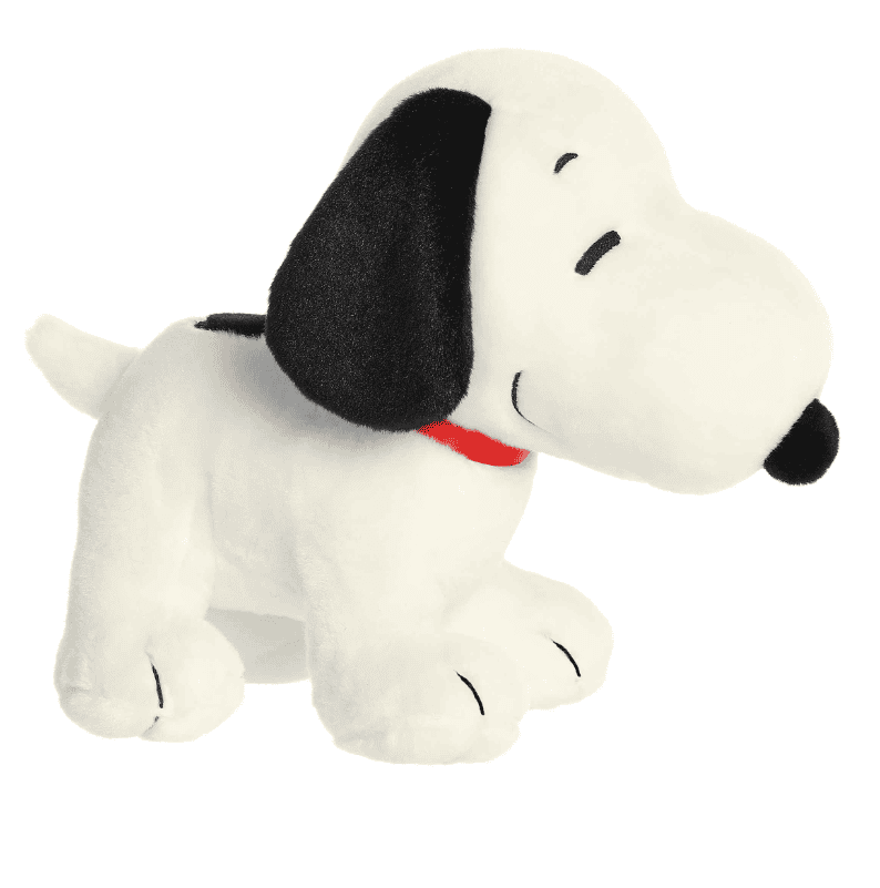 10-inch Standing Snoopy plush by Aurora with white fur, black ears, and red collar, standing upright in a classic Peanuts 