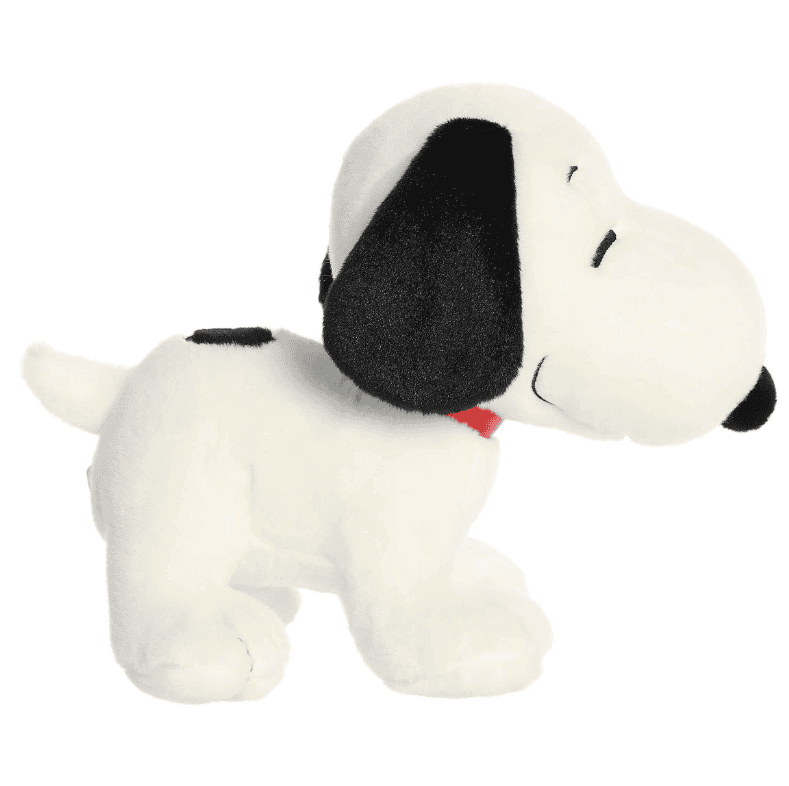 10-inch Standing Snoopy plush by Aurora with white fur, black ears, and red collar, standing upright in a classic Peanuts pose.