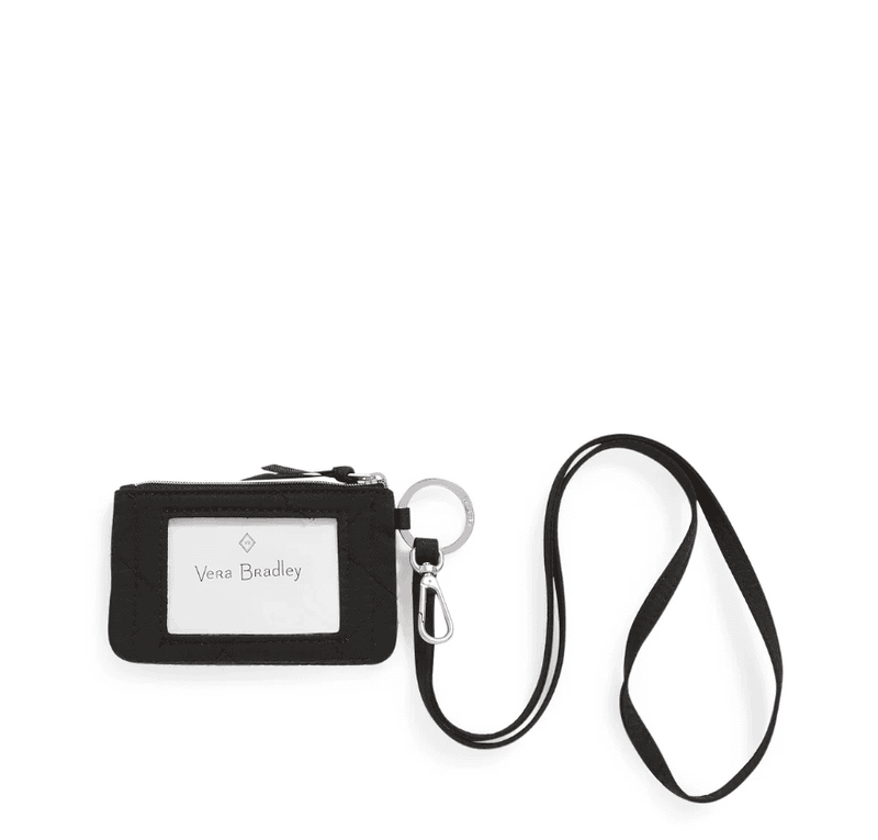 Black Vera Bradley recycled cotton zip ID lanyard with key ring, lobster clasp, and front ID window
