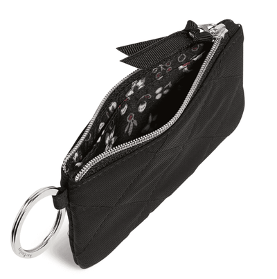 Black Vera Bradley recycled cotton zip ID lanyard with key ring, lobster clasp, and front ID window
