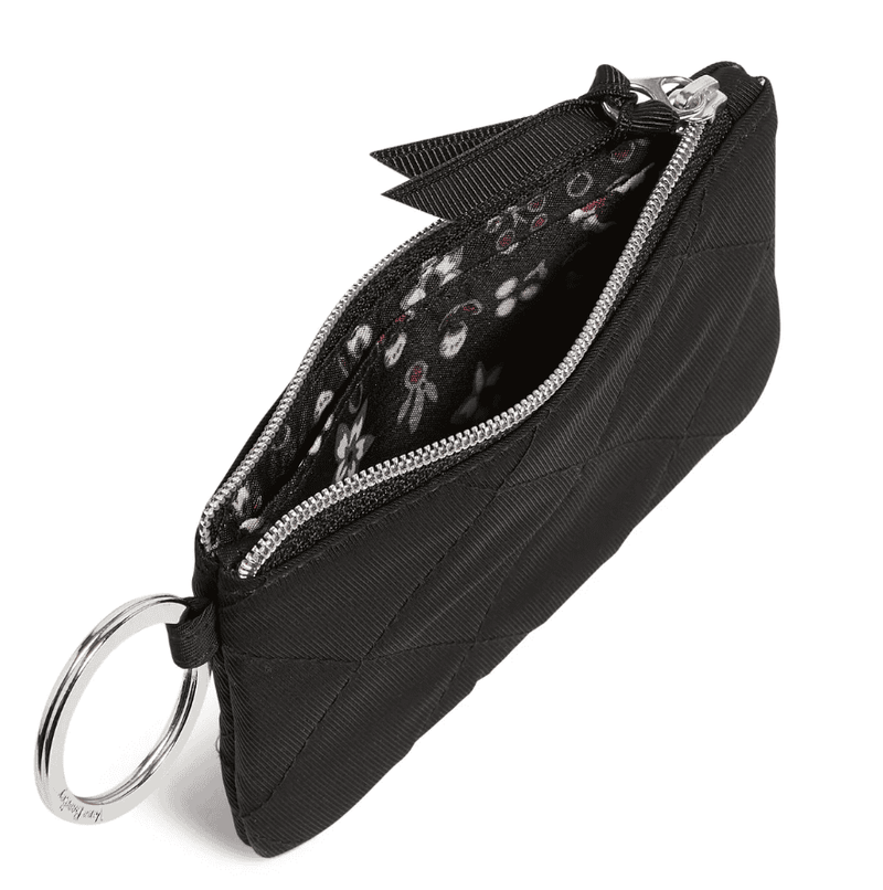 Black Vera Bradley recycled cotton zip ID lanyard with key ring, lobster clasp, and front ID window
