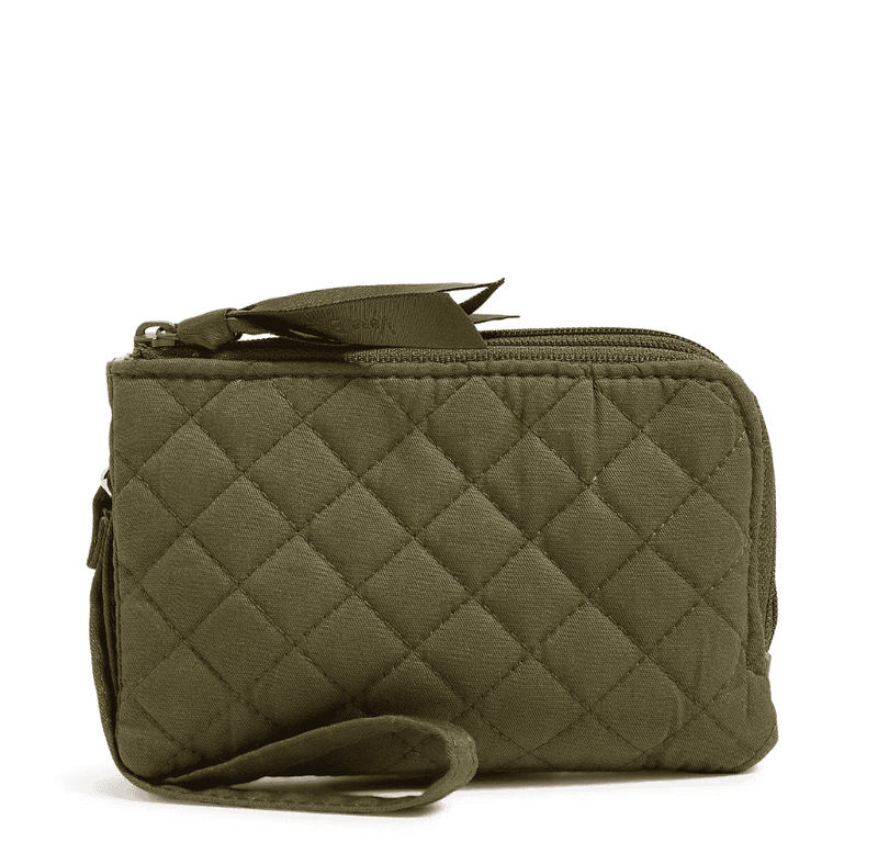Climbing Ivy Green Vera Bradley RFID recycled cotton double zip ID case with key ring and ID window
