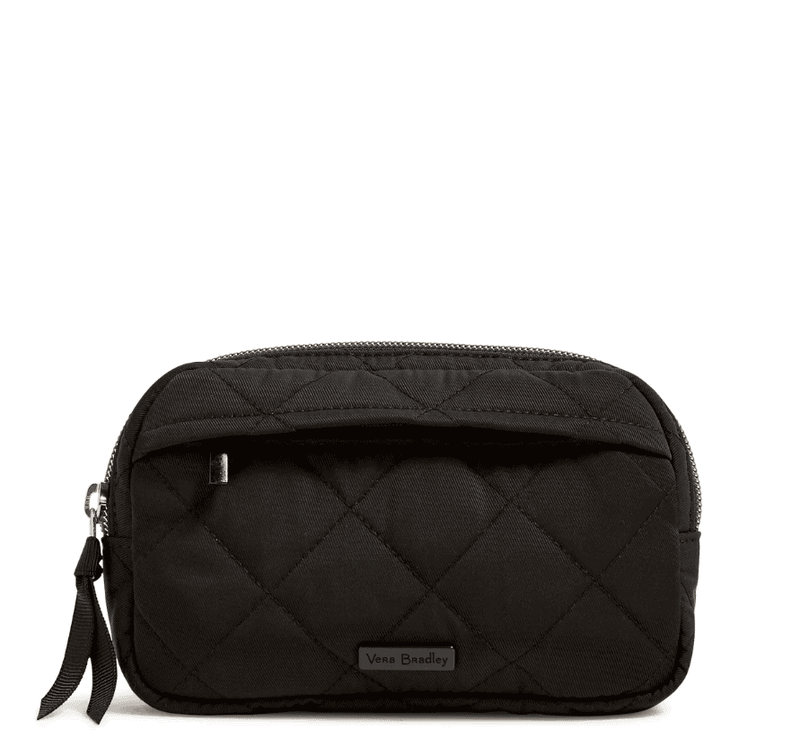 Black Vera Bradley twill mini belt bag with adjustable strap, front zip pocket, and recycled water-repellent fabric
