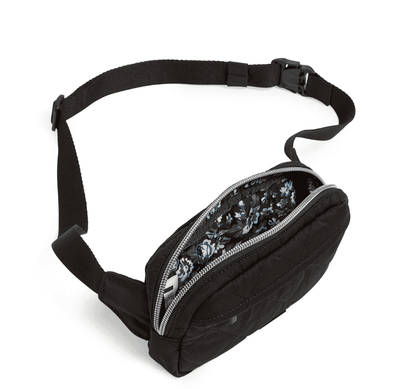 Black Vera Bradley twill mini belt bag with adjustable strap, front zip pocket, and recycled water-repellent fabric
