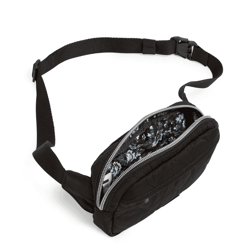 Black Vera Bradley twill mini belt bag with adjustable strap, front zip pocket, and recycled water-repellent fabric
