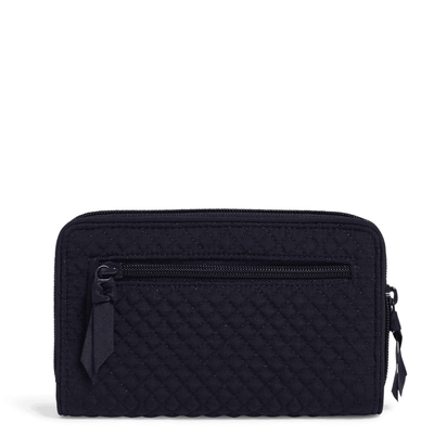 Classic navy Vera Bradley RFID turnlock wallet with card slots, zip coin pocket, and microfiber finish