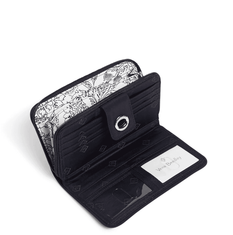 Classic navy Vera Bradley RFID turnlock wallet with card slots, zip coin pocket, and microfiber finish