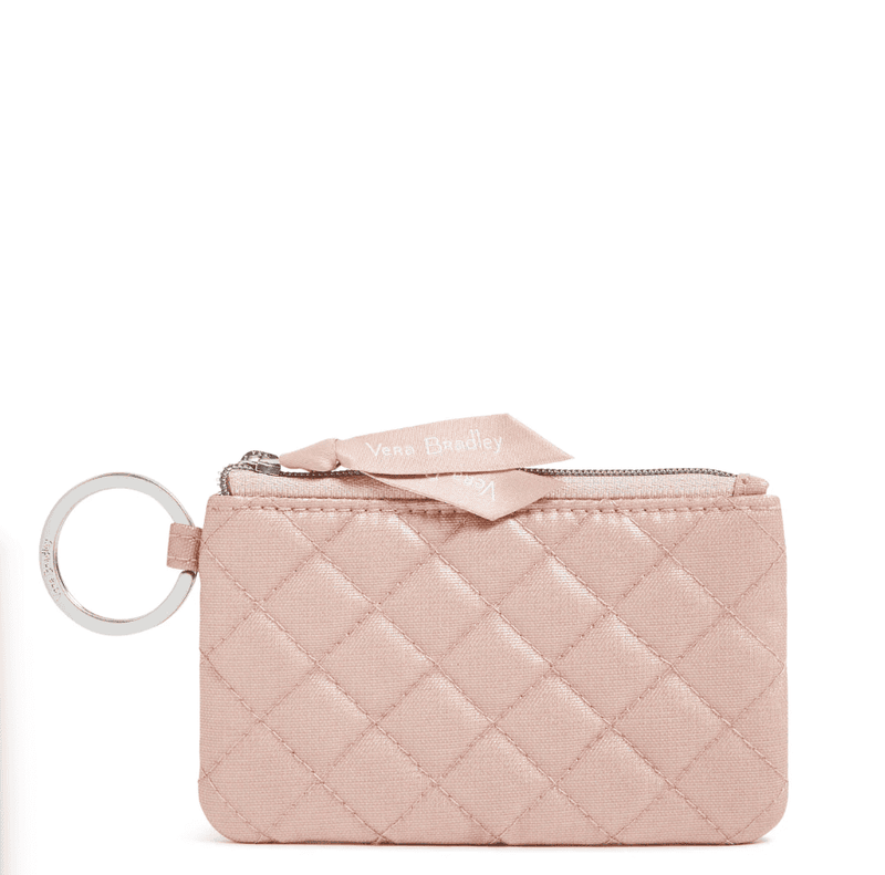 Rose Quartz Vera Bradley zip ID case with pearlized nylon window and key ring
