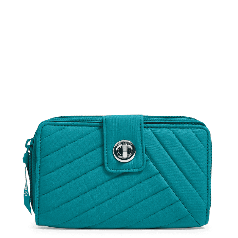 RFID Turnlock Wallet in Forever Green recycled cotton with multiple card slots and secure turnlock closure.
