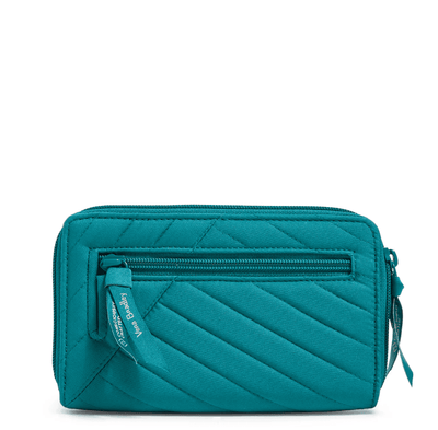 RFID Turnlock Wallet in Forever Green recycled cotton with multiple card slots and secure turnlock closure.