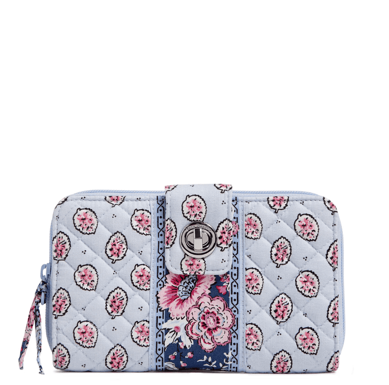 Vera Bradley RFID Turnlock Wallet in Magnifique Leaf pattern, recycled cotton wallet with card slots and zip coin pocket.
