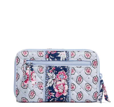 Vera Bradley RFID Turnlock Wallet in Magnifique Leaf pattern, recycled cotton wallet with card slots and zip coin pocket.