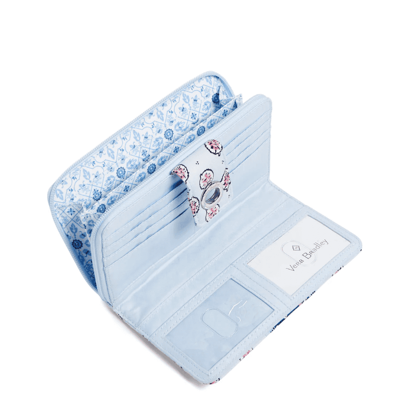 Vera Bradley RFID Turnlock Wallet in Magnifique Leaf pattern, recycled cotton wallet with card slots and zip coin pocket.