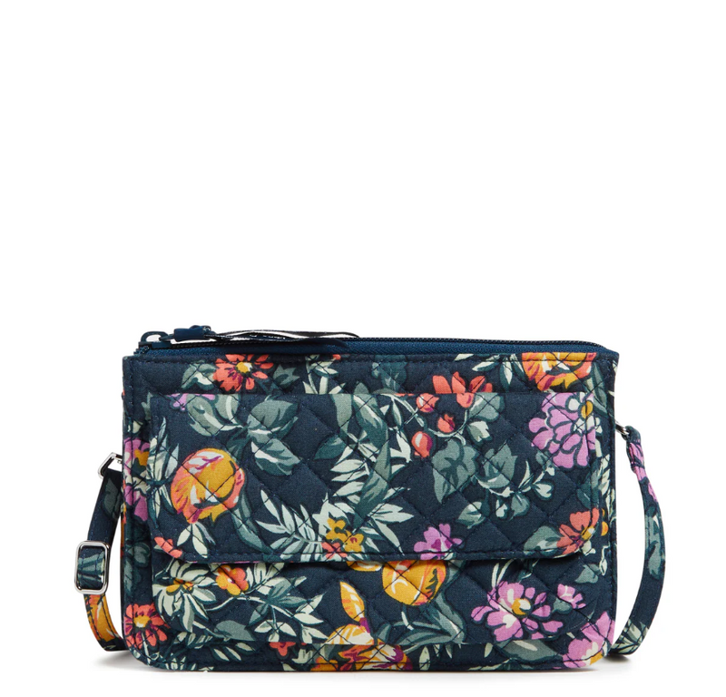 Vera Bradley RFID Wallet Crossbody in Botanical Ditsy with recycled cotton, flap & zip closures, card slots, and adjustable strap
