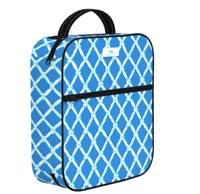 Scout Tall Order lunch box in Nothin But Net print, slim insulated bag fits 20 oz thermos and full-size bento box with top handle