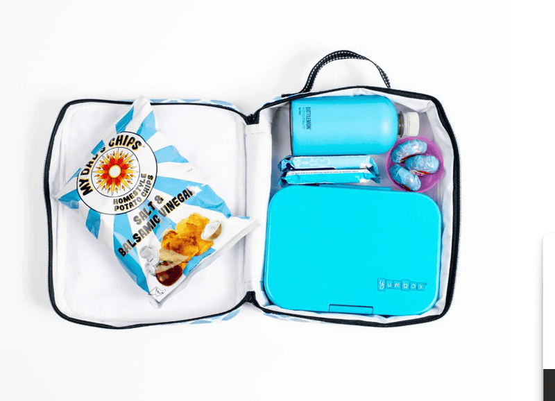 Scout Tall Order lunch box in Nothin But Net print, slim insulated bag fits 20 oz thermos and full-size bento box with top handle