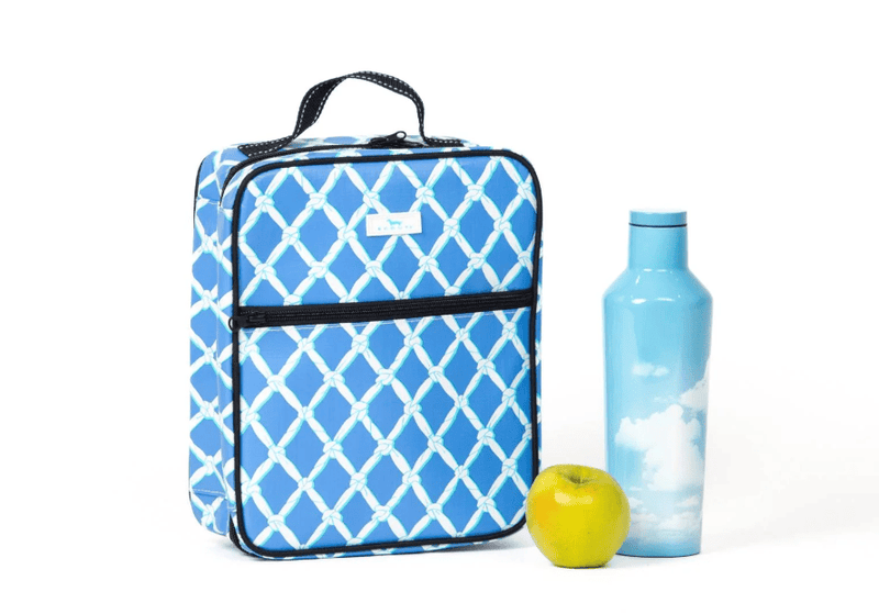 Scout Tall Order lunch box in Nothin But Net print, slim insulated bag fits 20 oz thermos and full-size bento box with top handle