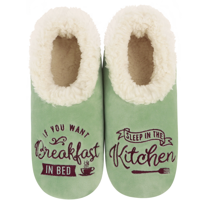 Green cozy sherpa slippers with breakfast in bed design and non-skid soles, Pairables by Snoozies.