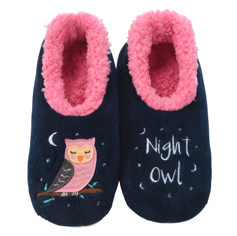 Navy slippers with pink lining, night owl design, and non-skid soles, Pairables by Snoozies.