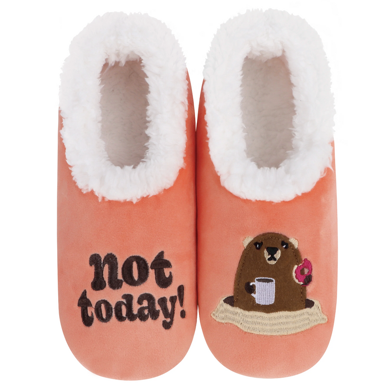 Peach slippers with cozy sherpa lining, “Not Today” groundhog design, non-skid soles by Snoozies.
Character Count: 94
