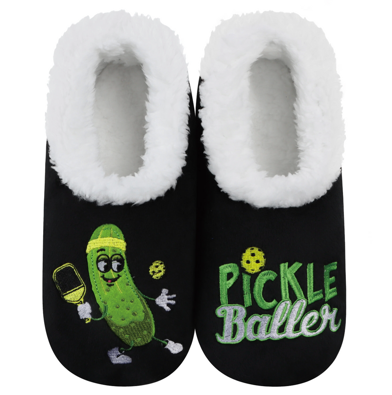 Black cozy sherpa slippers with pickleball design and non-skid soles, Pickleballer Pairables by Snoozies