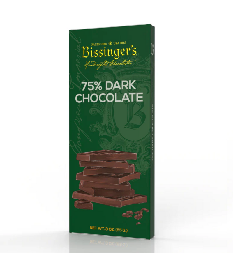 3 oz dark chocolate bar made with 75% cocoa, offering bold, smooth flavor with notes of blood orange. Gluten free.

