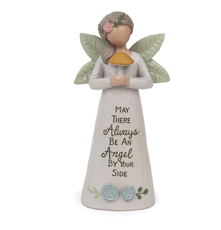A handcrafted garden angel figurine with a “By Your Side” sentiment, designed by Deb Strain.
