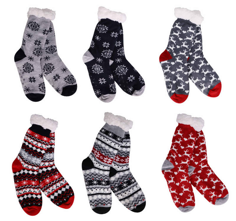Assorted thermal slipper socks with reindeer, snowflake, and Nordic prints in red, black, and gray tones.