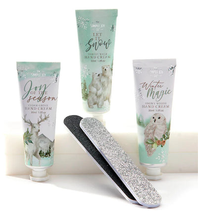 A festive hand care gift set with scented cream and glittery nail file, available in three winter-themed scents.