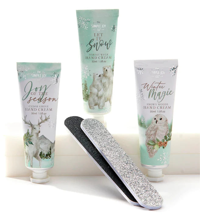 A festive hand care gift set with scented cream and glittery nail file, available in three winter-themed scents.