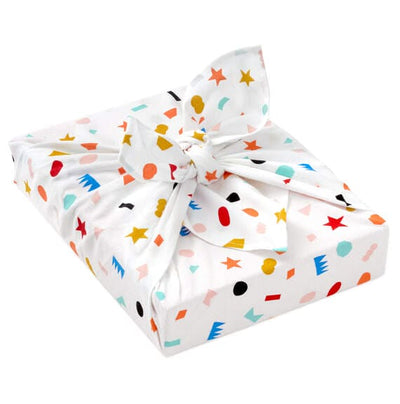 Hallmark 26-inch square reusable cotton fabric gift wrap with multicolor geometric confetti on cream background.

