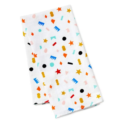 Hallmark 26-inch square reusable cotton fabric gift wrap with multicolor geometric confetti on cream background.

