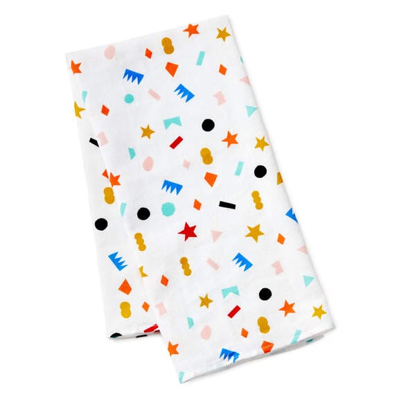 Hallmark 26-inch square reusable cotton fabric gift wrap with multicolor geometric confetti on cream background.

