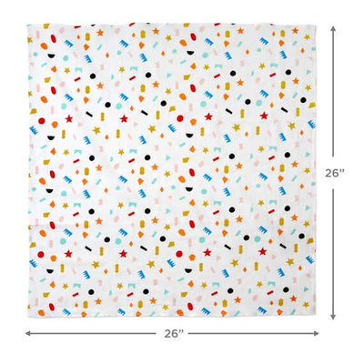 Hallmark 26-inch square reusable cotton fabric gift wrap with multicolor geometric confetti on cream background.

